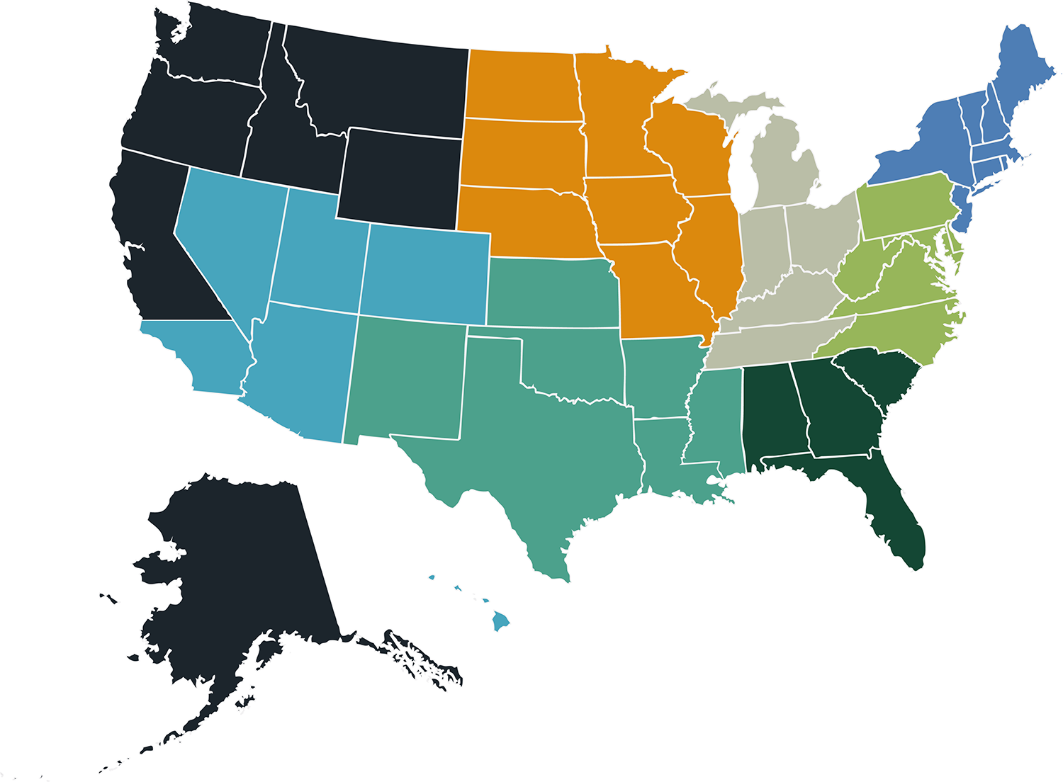 Map of RIA Solutions regions across the US.